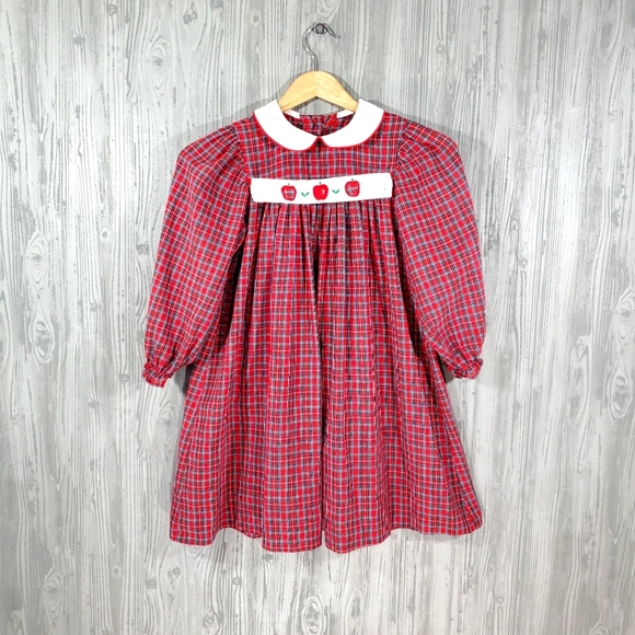 Other - Vintage Girls Red Plaid Apple Dress Cottagecore Country First School Photos